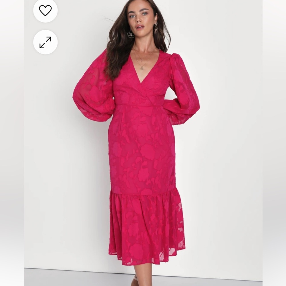 C30 NWT Lulus Appealing Passion Berry Pink Burnout Floral Jacquard Midi Dress - Picture 4 of 10